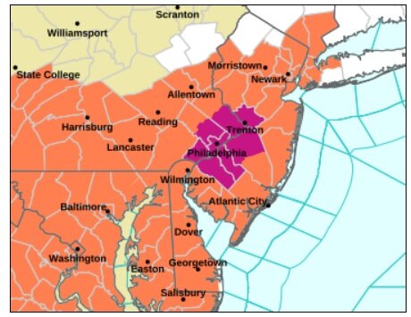 The local heat map as of 10:46 a.m. on Aug. 28, 2024, according to the National Weather Service. The entire state of Delaware is under a heat advisory.