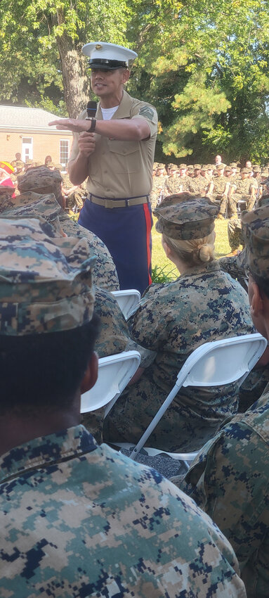 Marine Corps Sgt. Maj. Carlos Ruiz addresses First State Military Academy cadets at an induction ceremony Friday.