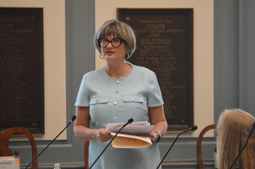 Sen. Laura Sturgeon, D-Woodbrook, reads in Senate Bill 48 on Thursday, which would deem the intentional interference of a school bus a disorderly conduct offense