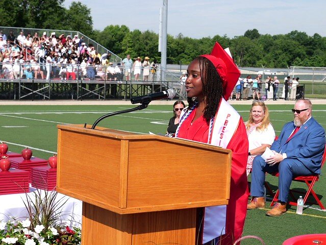 A Smyrna High School graduate speaks at the school's ceremony Saturday, June 6.