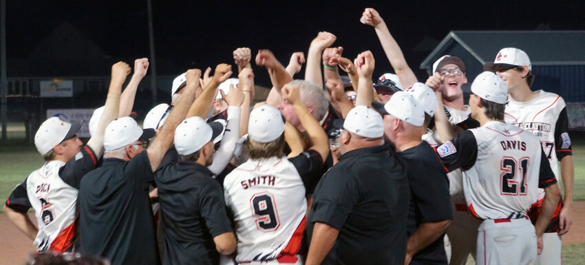 Smyrna-Clayton&rsquo;s Senior League all-star baseball players celebrate a District I victory. SMYRNA-CLAYTON LITTLE LEAGUE PHOTO