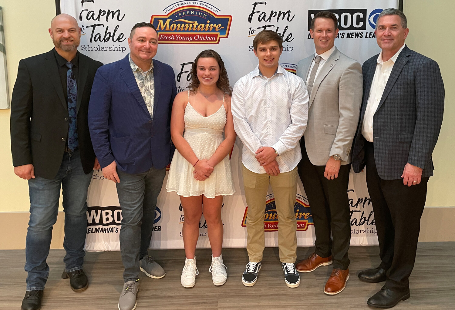 From left, "Outdoors Delmarva" host Jason Lee; Delaware celebrity chef Hari Cameron; overall Farm to Table Scholarship winners Samantha Teoli and Aidan Bell; Mountaire community relations manager Zach Evans; and Mountaire president Phillip Plylar.