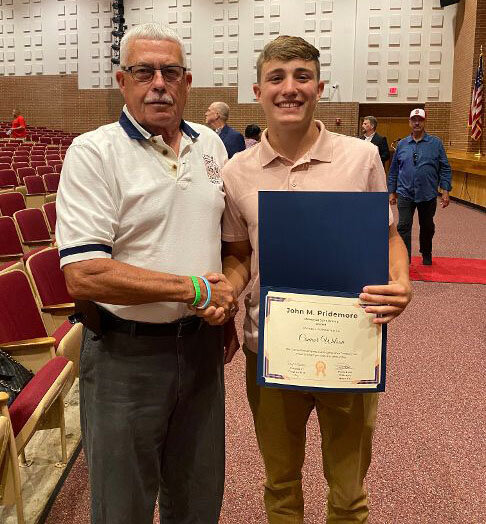 The Clayton Fire Co. and the Citizens’ Hose Co. of Smyrna recently awarded Connor Wilson, right, the John M. Pridemore Memorial Scholarship in honor of Chief Pridemore, who lost his life in the line of duty at the Clayton station in March 2022. Mr. Wilson graduated from Smyrna High School this year with a GPA of 4.082. He was a member of the Blue & Gold Club, the National Honor Society, the Student Government Association and the Student Leadership Advisory Committee, and was the president of the Letterman’s Club. He was presented the $1,500 award by Clayton’s vice president, Rodney Whalen.