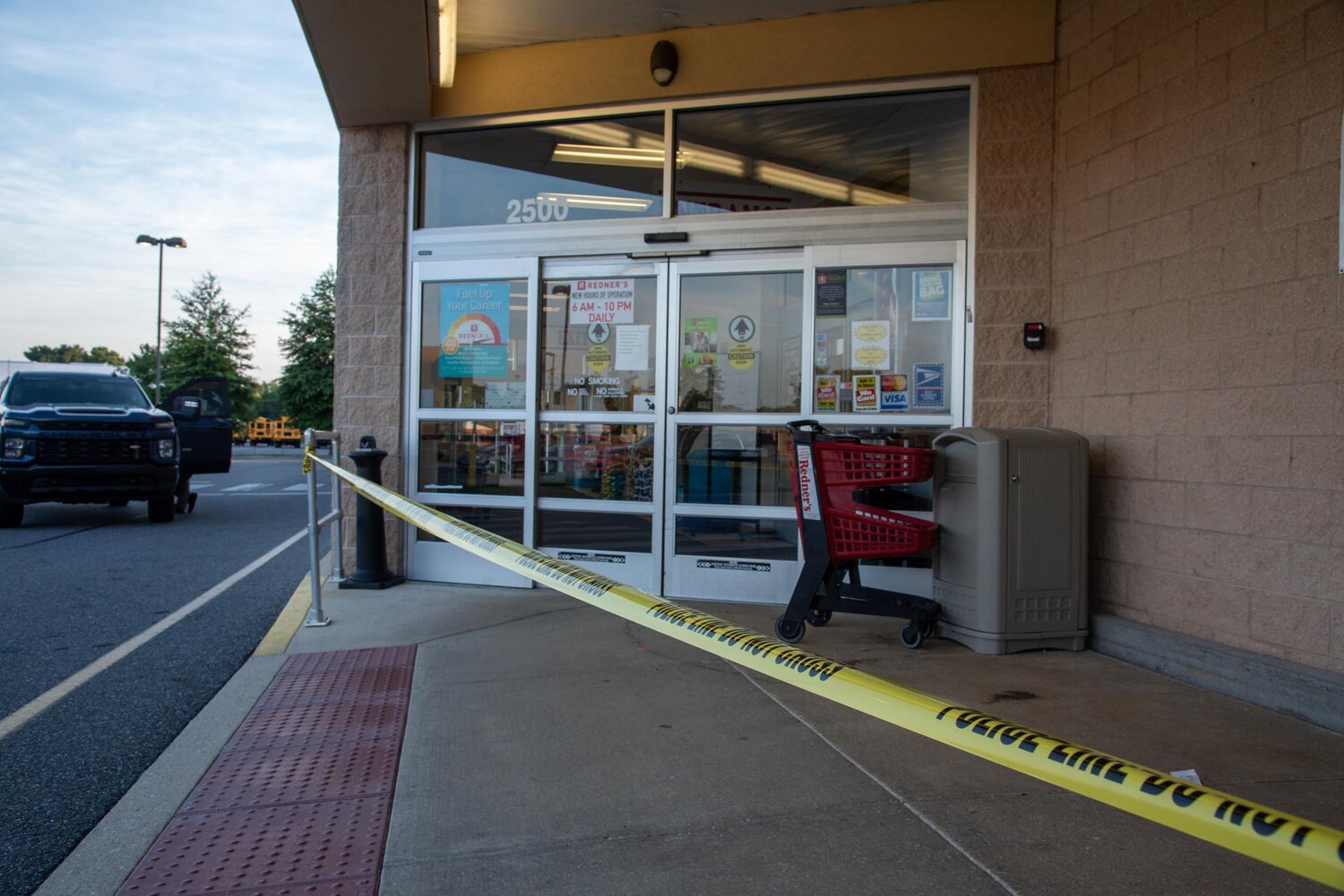 Police tape in front of the Redner's in Camden Tuesday evening.