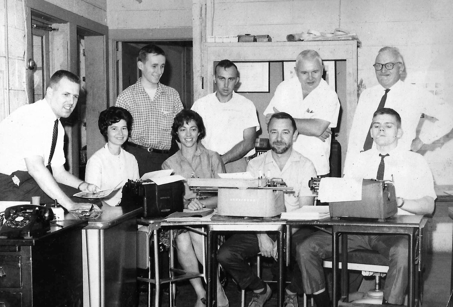 The newsroom staff in 1963 includes, from left, Ron Stevens, Ginny Ryan, Jan Vollmer, Jim Miller, Joe Smyth, and in the back row, Steve Callaghan, Larry Abernathy, Jack Smyth and Paul McConomy. The group is shown in the newsroom of the old cinderblock building that housed the Delaware State News on North Street in Dover.