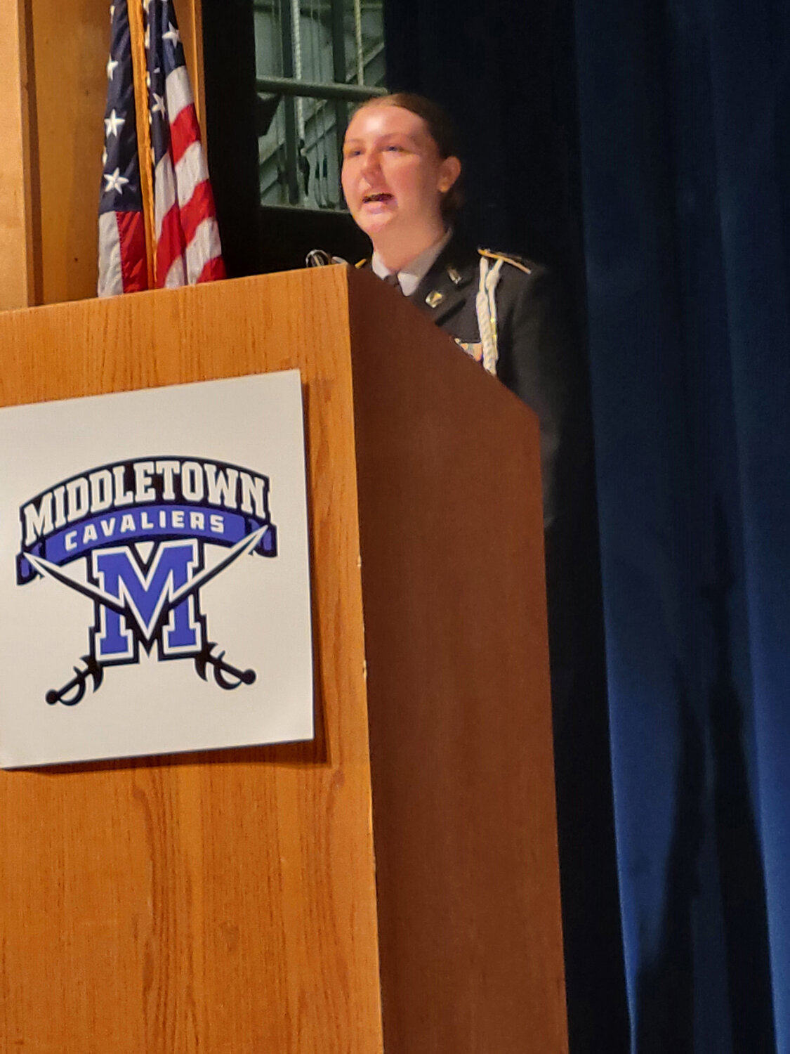 Appoquinimink High Army Junior ROTC Cadet Maj. Natalie Bohn speaks at the Patriot Day Ceremony held in remembrance of 9/11 at Middletown High Monday.