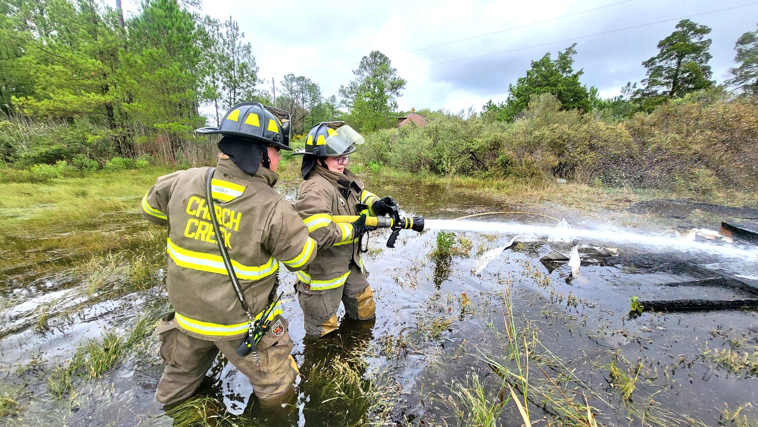 Members of Church Creek VFC directed a stream of water on the fire.