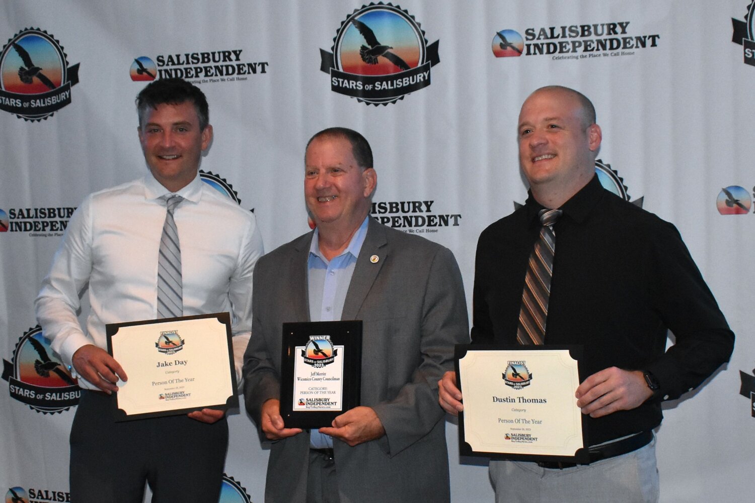 For Person of the Year Award, from left, city administrator Andy Kitzrow collects the certificate on behalf of finalist Jacob “Jake” Day; winner Jeffrey “Jeff” Merritt; and finalist Dustin Thomas at Stars of Salisbury 2023.