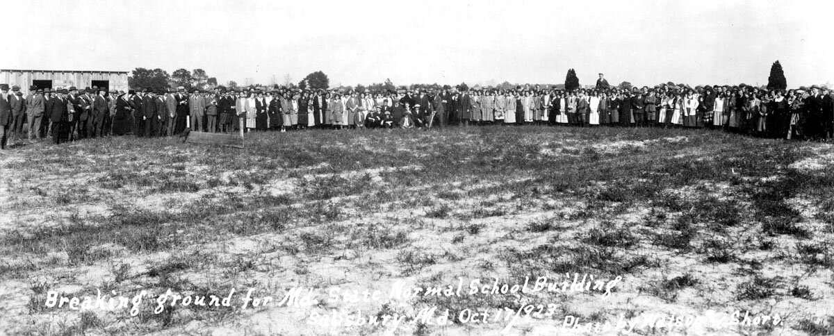 A large crowd attended the 1923 groundbreaking for the first building at Salisbury University.