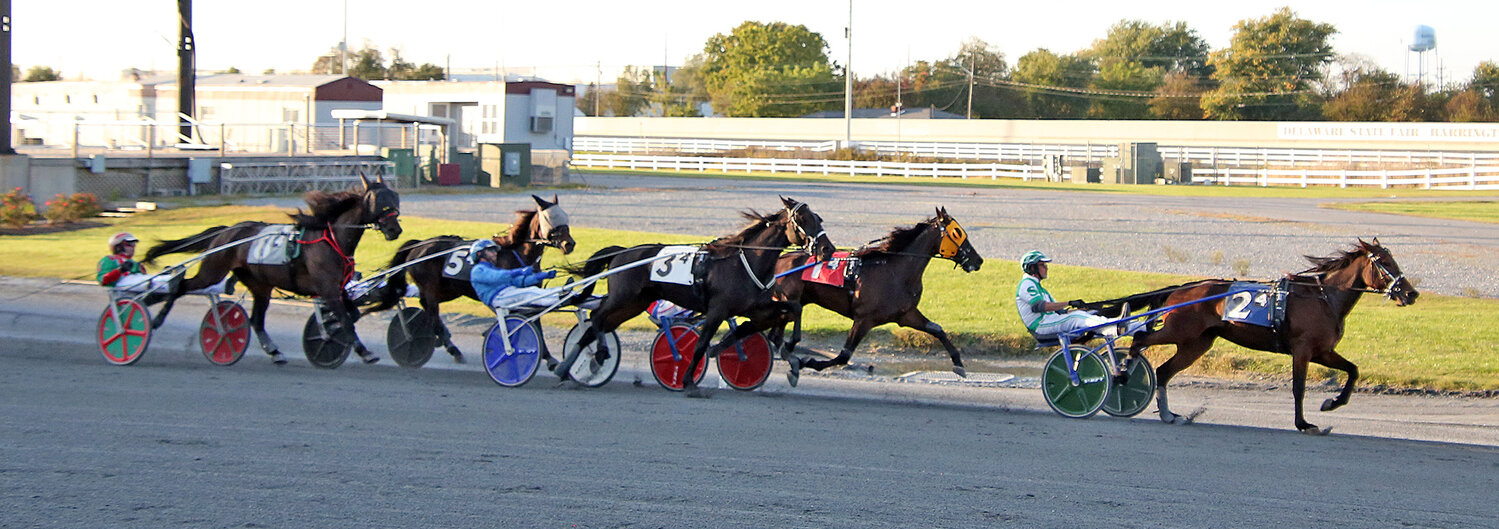Canoe Trip, driven by Ross Shand, leads the field into the turn during the fourth race Wednesday at Harrington Raceway.