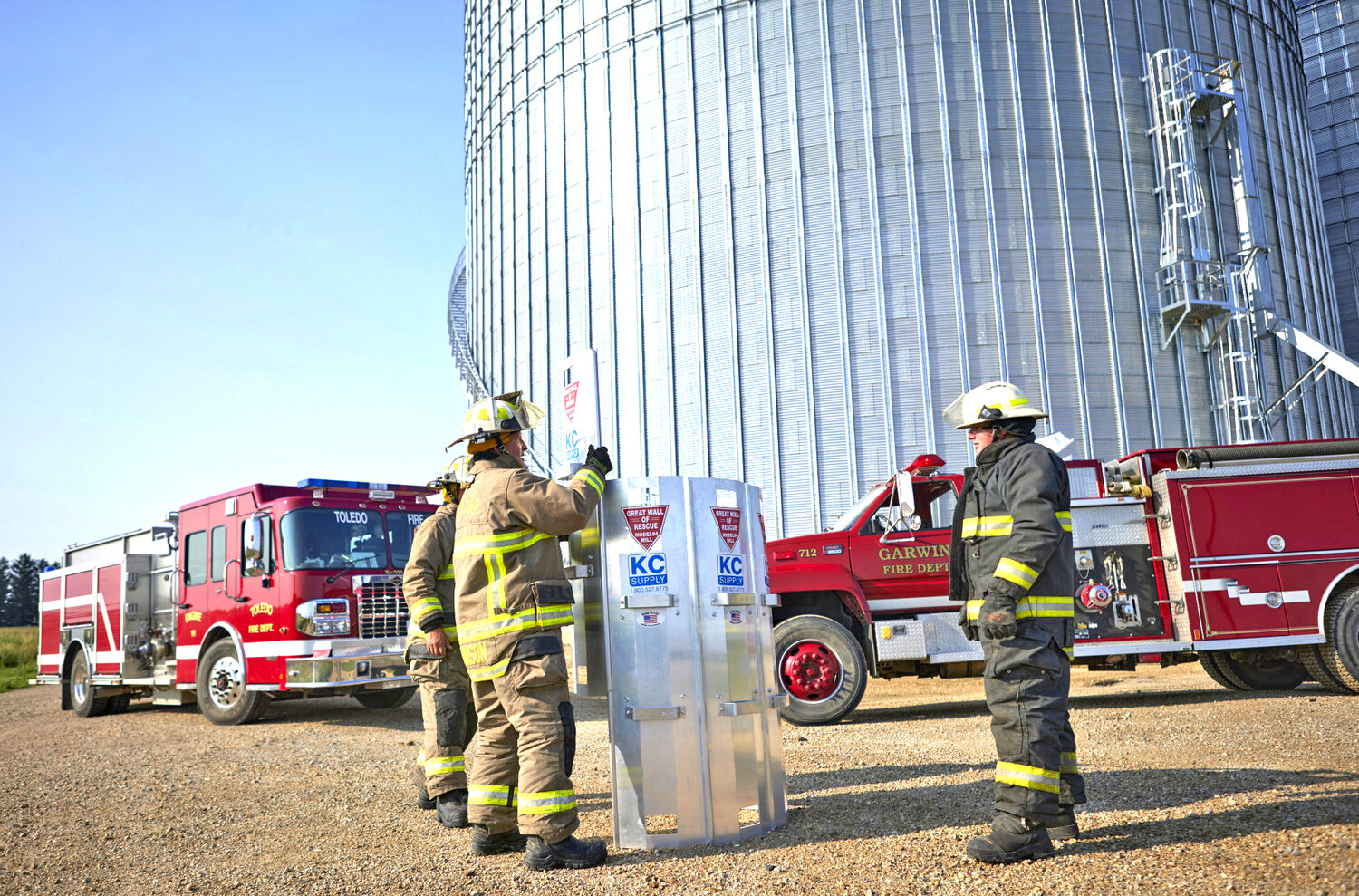 Nationwide and its partners are providing life-saving grain rescue tubes and training to 60 fire departments across rural America through its 2023 Grain Bin Safety campaign. The photo shows firefighters from Toledo and Garwin, Iowa, training with a rescue tube.