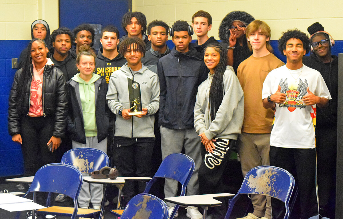 The Cambridge-South Dorchester High School Boys' Indoor Track and Field Team was joined by members of the girls' team Thursday during their weekly study hall. The athletes displayed the boys' first-place trophy after their Bayside Conference Championship on Wednesday. The girls, just seven in all, earned third place against much bigger teams..