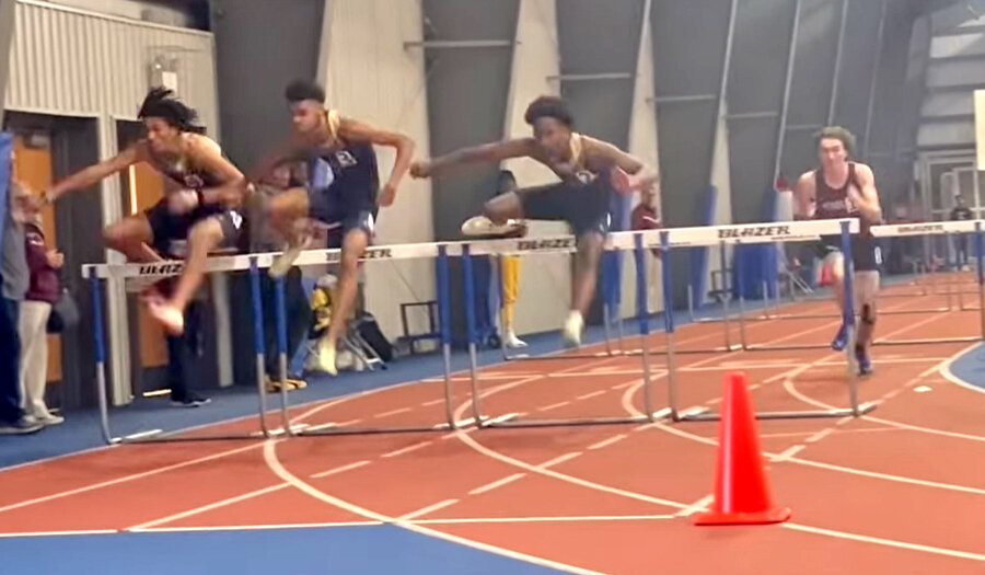 The Vikings' strength is in there depth, and the ability to rack up points throughout the scoring places. In the 55-meter hurdles, from the left, Antonio Brown finished second, Tori Willis Jr. earned the Bayside championship, and Jayden Smith was third, totalling 24 points for C-SD.