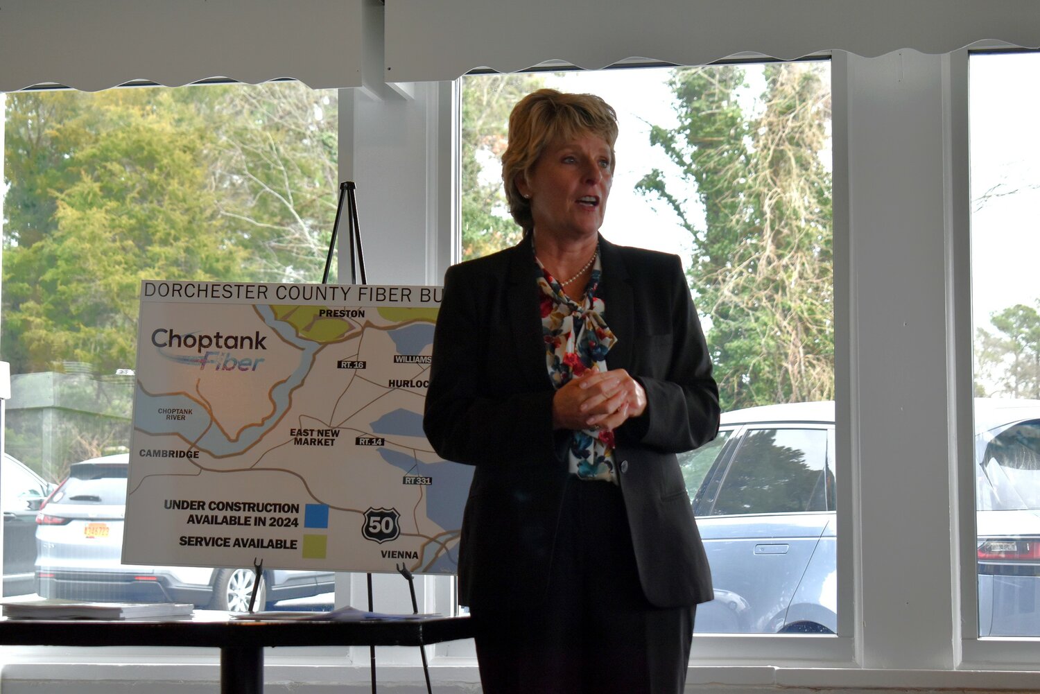 VP Valerie Connelly shares Choptank Electric Co-Op plans for fiber internet at the Dorchester Water Moves Us event in 2024.