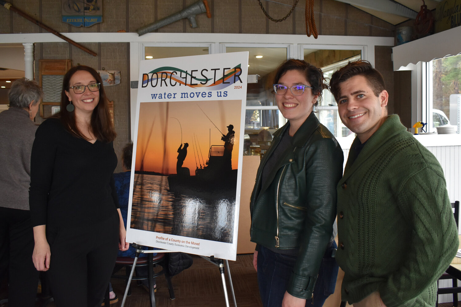 Economic Development Director Susan Banks, Editor Laura Walter and Creative Director Tom Maglio at the Dorchester Water Moves Us event in 2024.