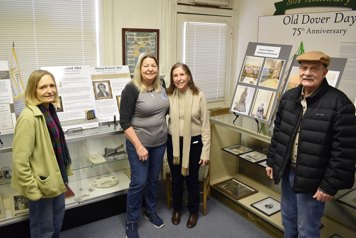 Ann Baker Horsey, Carolyn Forbes, Mary Terry and Tom Smith drop in at The Friends of Old Dover (Historical Society of Dover). Illustrated displays on two individuals who helped people who escaped slavery on the Underground Railroad: conductor Harriet Tubman and Richard Allen, bishop of the AME Church.
