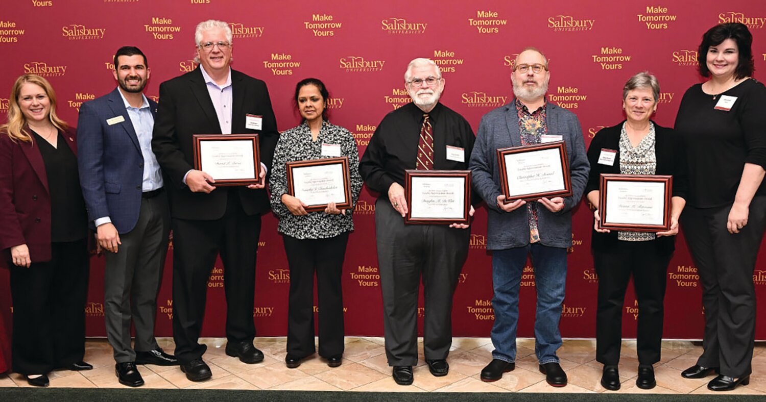 Pictured, from left, are SU President Carolyn Ringer Lepre; SU Alumni Association President Austin Whitehead; Faculty Appreciation Award recipients David Burns, Sumathy Chandrashekar, Doug DeWitt, Chris Briand and Donna Ritenour; and Dr. Laurie Couch, SU provost and senior vice president of academic affairs.
