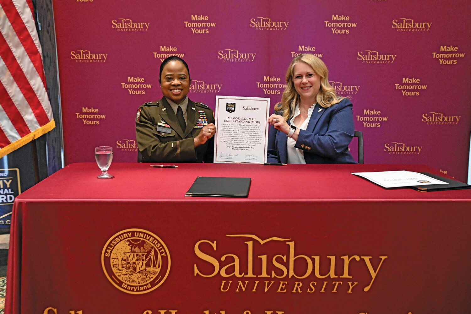 Pictured from left are Major General Janeen L. Birckhead, adjutant general of Maryland, and SU President Carolyn Ringer Lepre.