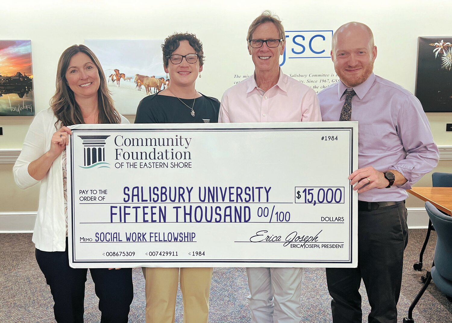 From left to right: Dr. Samantha Scott, Healthy Minds for Shore Co-Founder; Erica Joseph, Community Foundation of the Eastern Shore President; Mike Dunn, Greater Salisbury Committee President & CEO; Dr. Stephen Oby, MSW Program Director, Salisbury University.