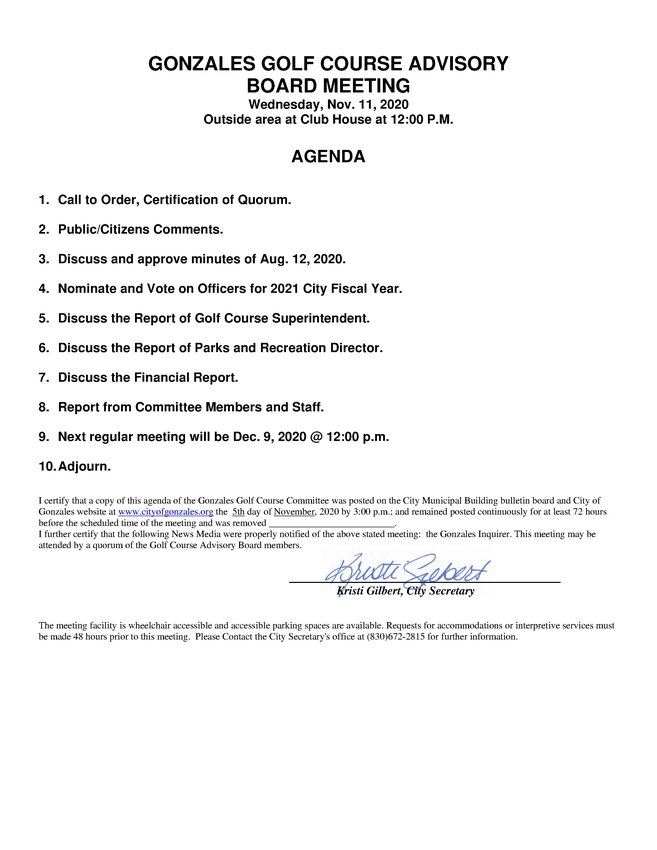 Gonzales Golf Course Advisory Board to elect officers for 2021 Gonzales Golf Course Advisory Board to elect officers for 2021