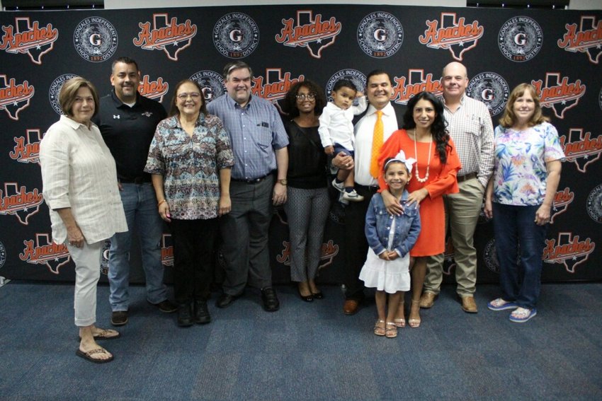Dr. Elmer Avellaneda (middle-right) with his wife and two children as he was voted unanimously by the Gonzales ISD School Board as the lone finalist for the superintendent position in the May 18 school board meeting.
