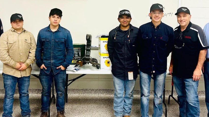 Nixon-Smiley High School won first place in Victoria College&rsquo;s Welding Rodeo on Nov. 4. Pictured left to right are Jay Mendez, Adrik Rodriguez, Miguel Valerio, and Preston Rice along with their welding instructor, Clarence Bahlmann.
