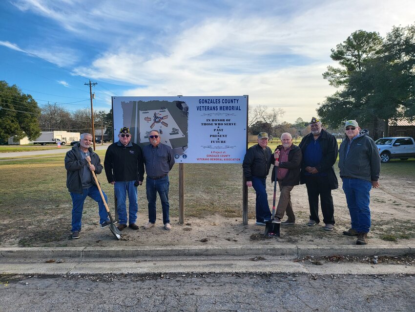 Celebrating the beginning of site work at the Gonzales County Veterans Memorial are, from left, GCVMA board member Steve Willman; Albert Rodriguez of American Legion Post 40; Gonzales Mayor Steve Sucher; GCVMA board member Larry Mercer; GCVMA board member Elgin Heinemeyer; Gonzales County Veterans Service Officer David Tucy (also of American Legion Post 40); and Philip Roeber of Roeber Electric.