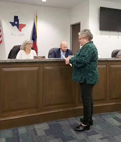 Deidra Voigt is sworn in as the new interim Nixon municipal judge while Mayor Dorothy Riojas and City Attorney Eddie Escobar watch on Tuesday, Jan. 16. Voigt is also the Gonzales municipal judge and Gonzales County Precinct 1 Justice of the Peace.