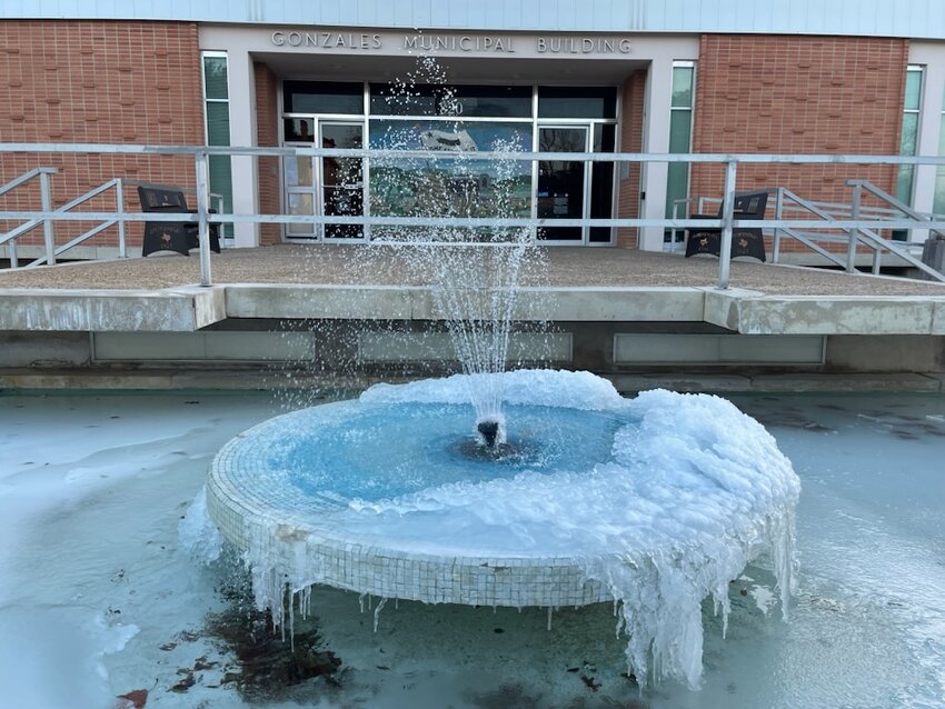 Temperatures in Gonzales dropped to a low of 14 degrees early Wednesday, Jan. 17, after an arctic blast chilled the area over the course of several days. The water fountain outside Gonzales City Hall froze over due to the extreme cold.