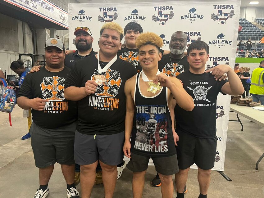 The Gonzales Apaches together at the state powerlifting meet in Abilene Friday, March 22. Apaches senior Jessiah Barr (middle right) was named state champion in the 148 class and junior Omar Borjon (middle left) finished fourth in the 308 class.
