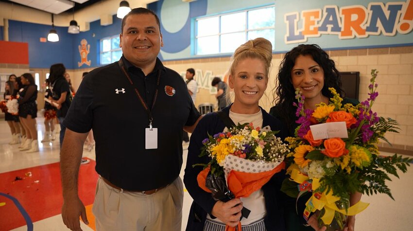 Courtesy photos  Dr. A with Gonzales Primary Academy Teacher of the Year Jessica Bouler and Principal Dr. Ariana Hernandez.