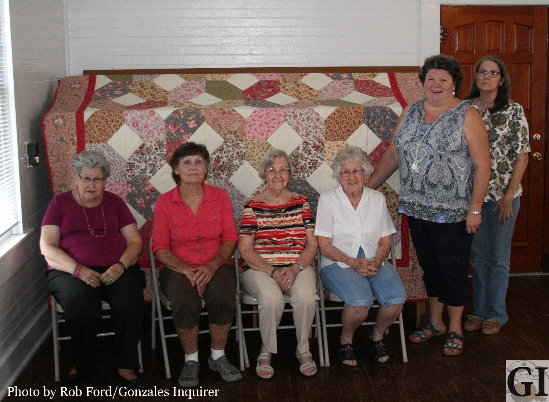 Leesville’s Happy Quilters proudly display this year’s “Hugs and Kisses” quilt. Pictured from left are Ruth Newberry, Margie Rice, Charlene Anderson, Janis Littlefield, Penny Cardwell and Terri Porter.