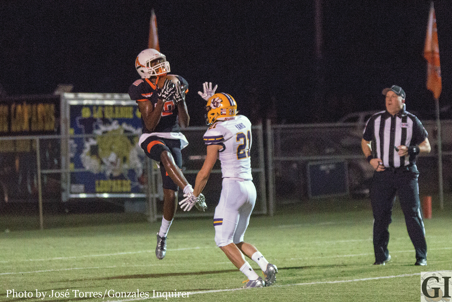 Trevion McNeil (10) snags a touchdown. He caught two touchdown passes in Gonzales' 23-13 win over La Grange
