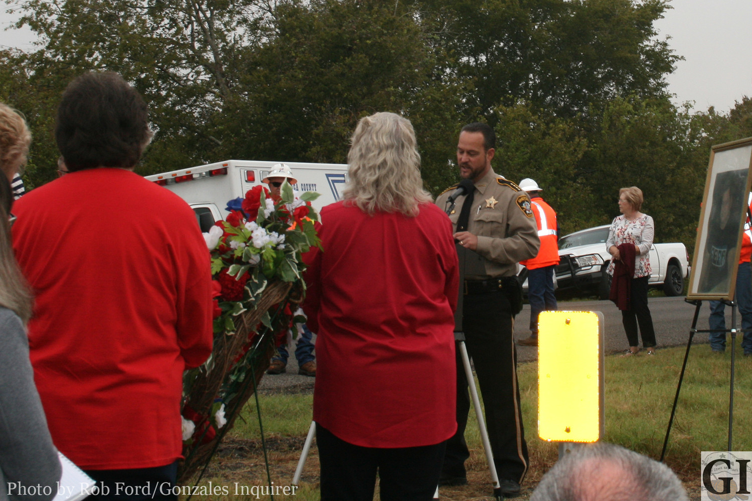 Gonzales County Sheriff Matt Atkinson spoke during a dedication renaming State Highway 95 in honor of fallen deputy Sgt. David M. Furrh, who was killed in the line of duty 17 years ago.