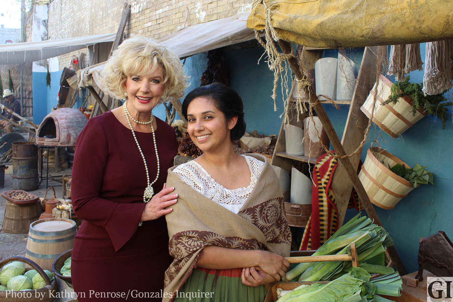 Glori Wyatt, pictured on set with Gonzales Mayor Connie Kacir, enjoyed her opportunity to become an extra in the T.V. series The Son.