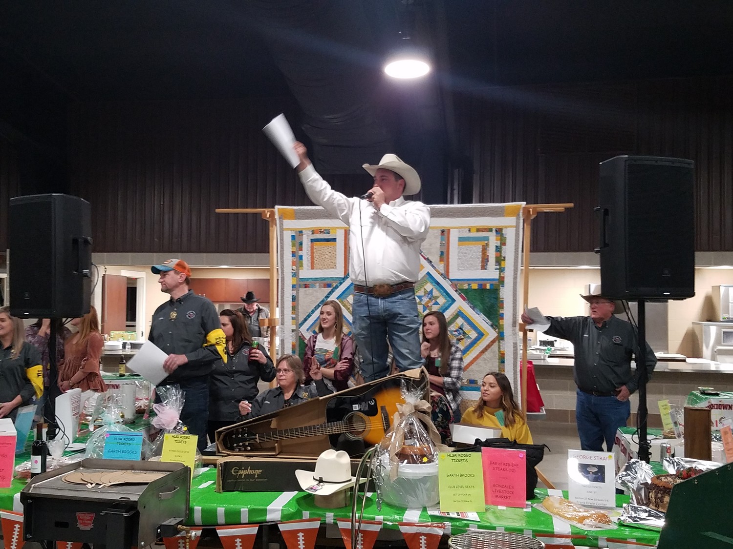 Auctioneer J.D. Shelton from Gonzales energized the Go Texas crowd at the JB Wells Expo Center on Saturday night.