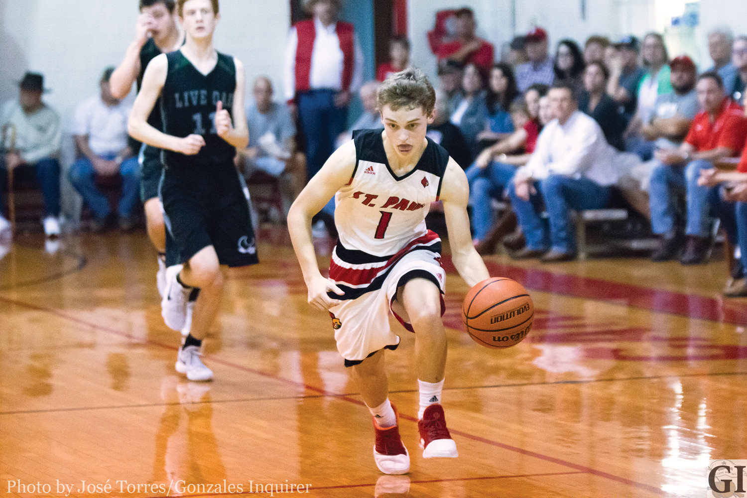 Kai Giese (1) led the team in scoring with 25 points in Shiner St. Paul’s 72-57 win over Waco Live Oak. The freshman guard exploded for 15 points in the third quarter, scoring the first 12 points for St. Paul the second half.