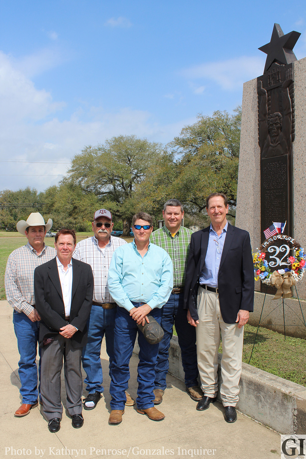 Members of Sons of the Republic of Texas Chapter 29 laid a wreath at the foot of the Immortal 32 monument at Gonzales Memorial Museum on Tuesday, Feb. 27, commemorating the departure of the Immortal 32 from Gonzales. Back Row (left to right): John Meador, Kenneth Fink and Brian Sample. Front row (left to right): Richard Croizer, Kirk Lubbock and Chapter President David Bird.