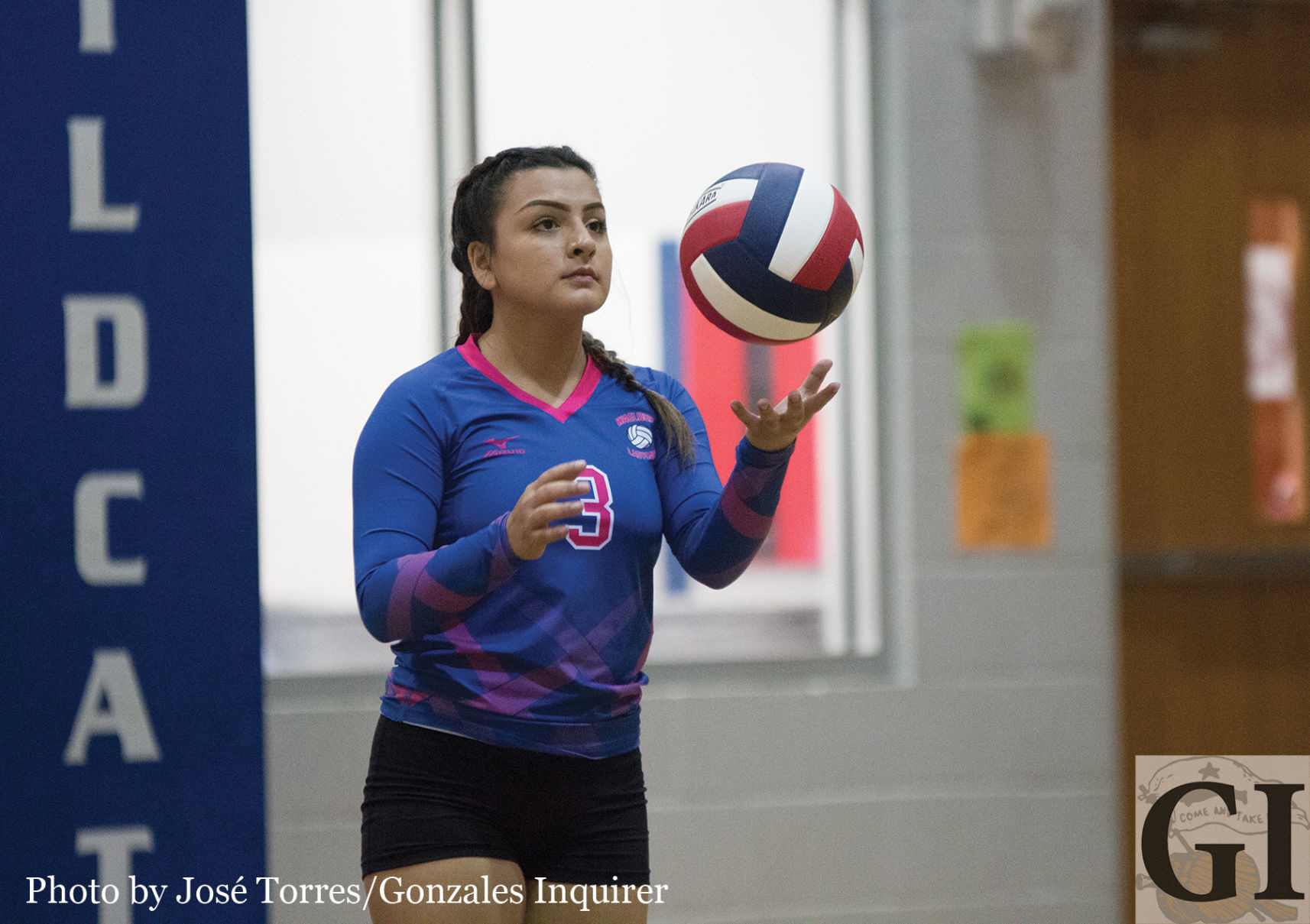 Raven Rodriguez (3) steps in to serve in Waelder’s four-set win over Dime Box Tuesday. The freshman is one of many young athletes who have stepped in big spots for the Lady Wildcats.