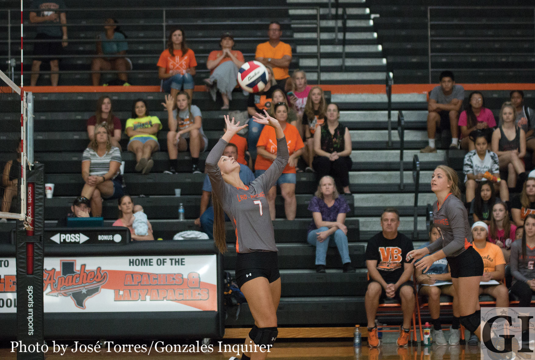 The youth will be called upon this season with a varsity squad full of freshmen and sophomores at key positions. Rachel Staggs (7) sets the ball for an attacker in Gonzales’ four-set loss to UC Randolph on Tuesday afternoon at home.