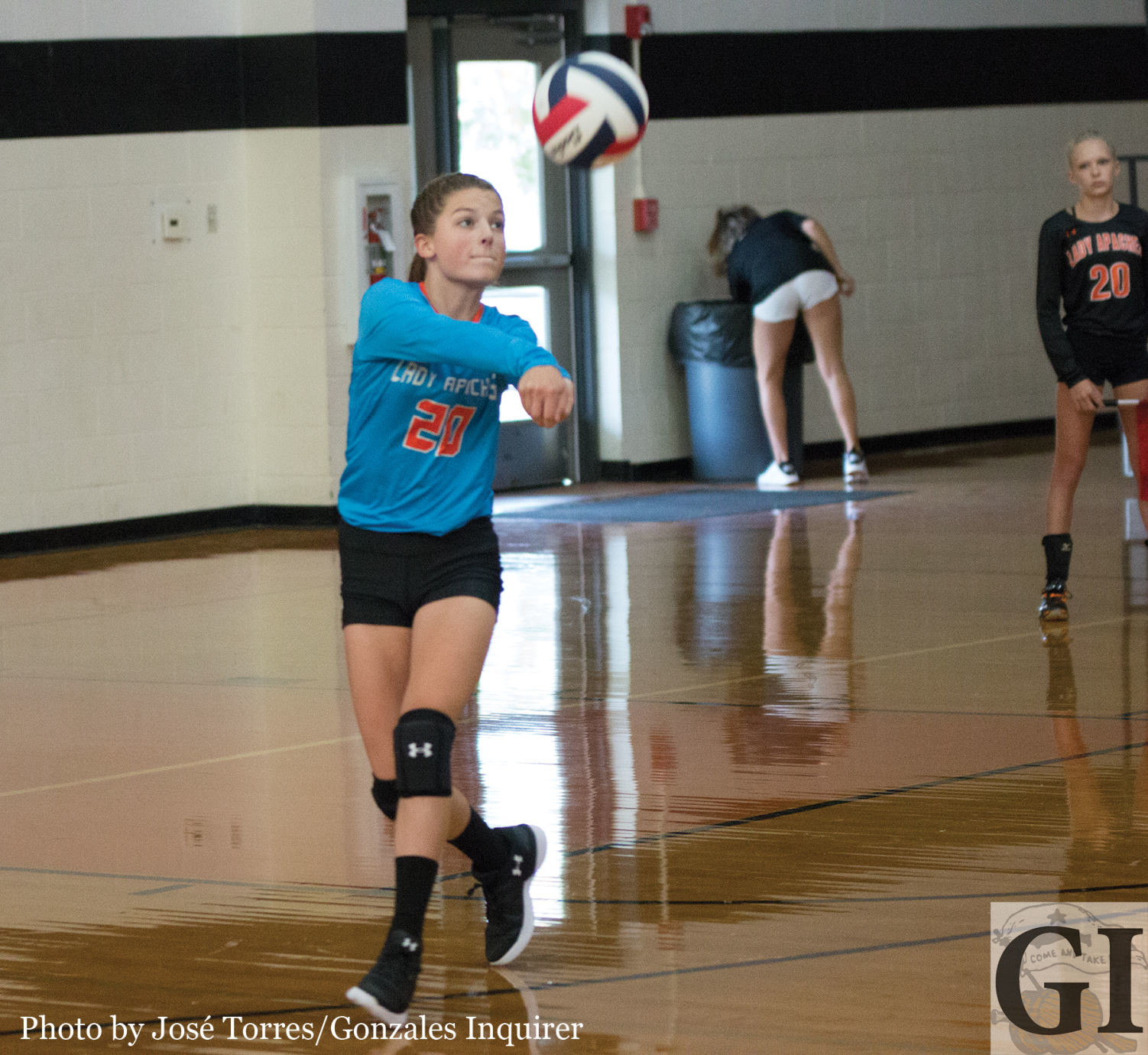 Sam Barnick (20) played libero for the Lady Apaches as she passes it to a setter in their four-set loss to UC Randolph.