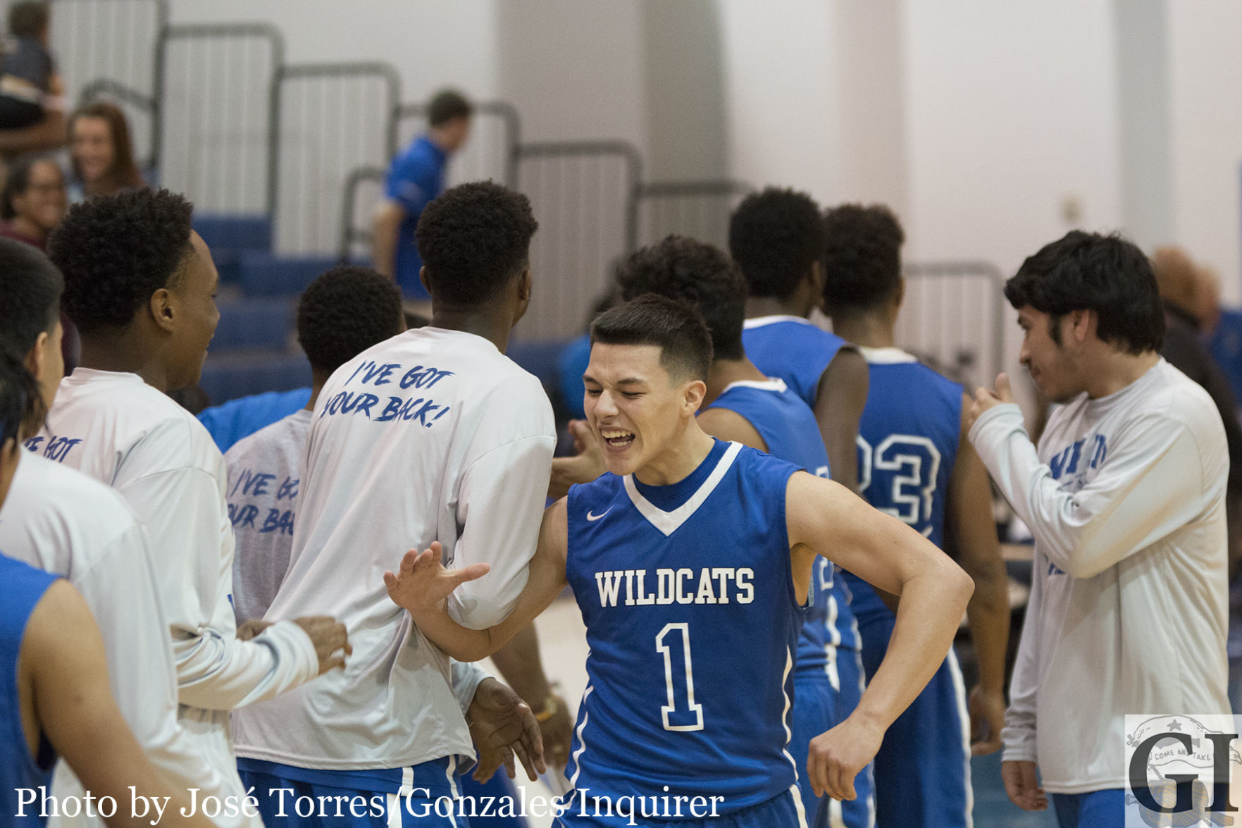 Justin Schilhab (1) celebrates with his team after a 78-71 win over #2 Leggett. Schilhab forced overtime with a three pointer with six seconds left in regulation.