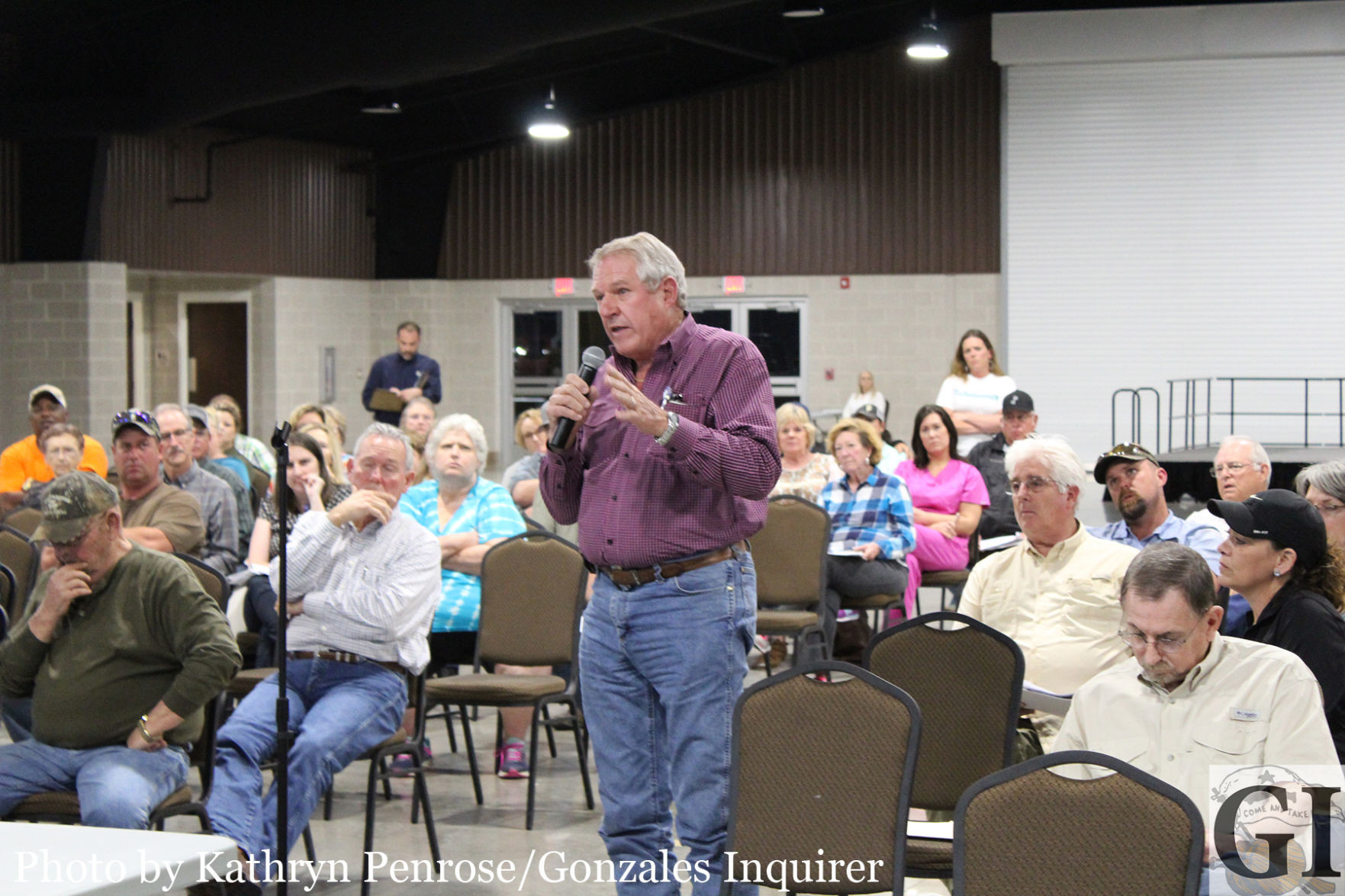 Local businessman and organizer for Friends of Lake Wood Joe Solansky poses a question at the Guadalupe-Blanco River Authority public meeting on Lake Wood, last Thursday night, at the JB Wells Expo Center.