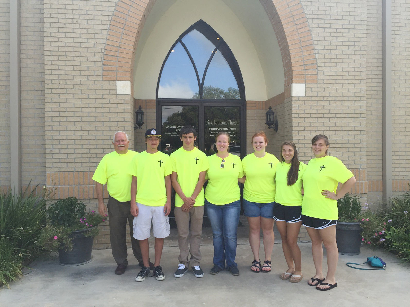 Members from the First Evangelical Lutheran Church of Gonzales traveled to Detroit last week to participate in the ELCA Youth Gathering to help clean up a neighborhood in the city. Pictured from left is Elgin Heinemeyer, Cody Oakes, Jacob Burek, Morgan Gates, Katherine Albin, Alexis Cappleman and Kaitlin Cappleman.
