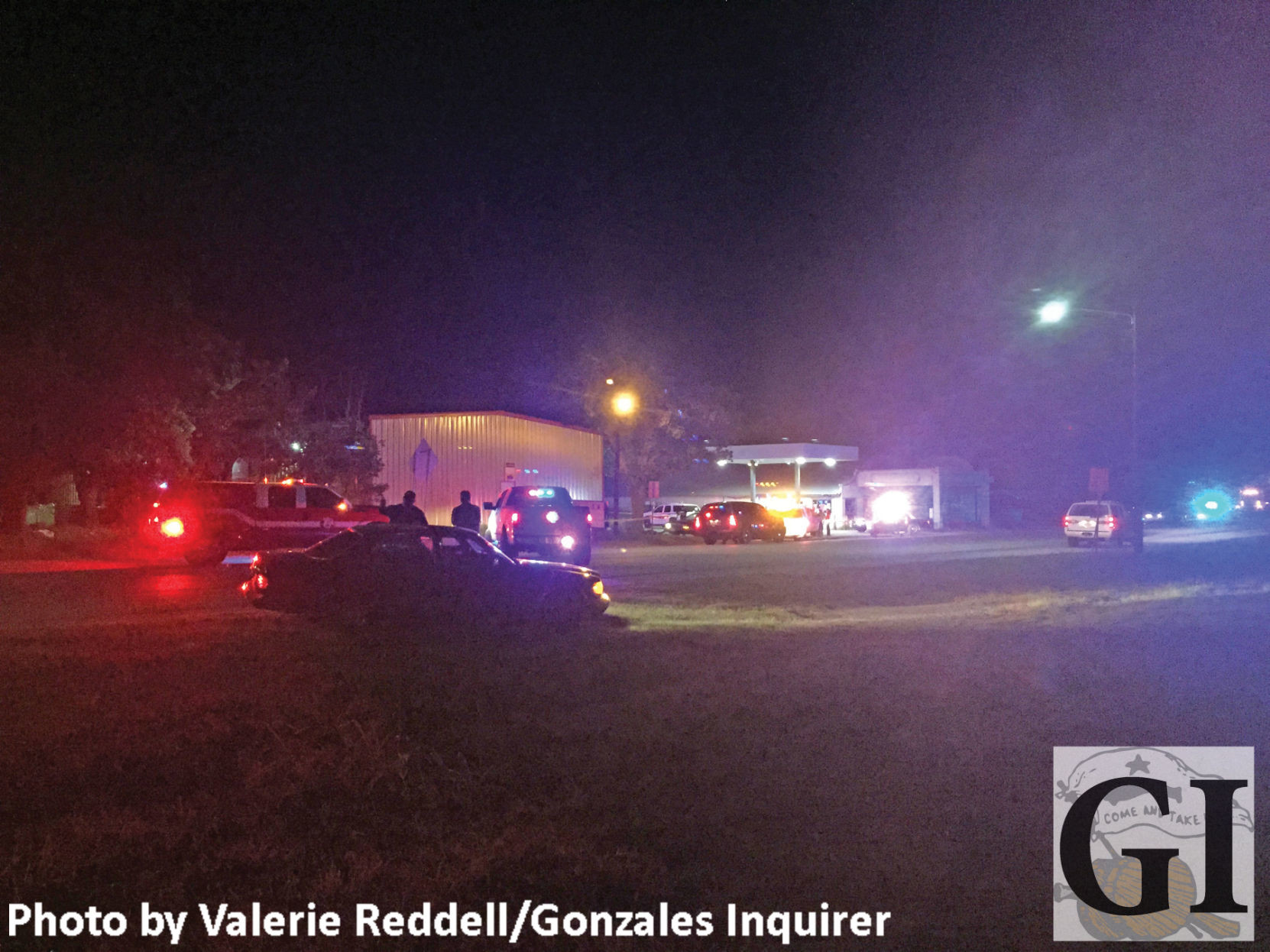 Law enforcement officers from agencies in and around Gonzales County barricade the area around the Right Choice store in Waelder after three men were shot there at about 8:30 p.m. Friday. Officers also provided security for the landing zone at Hwy. 97 and I-10 where local EMS workers transferred the victims to helicopters.
