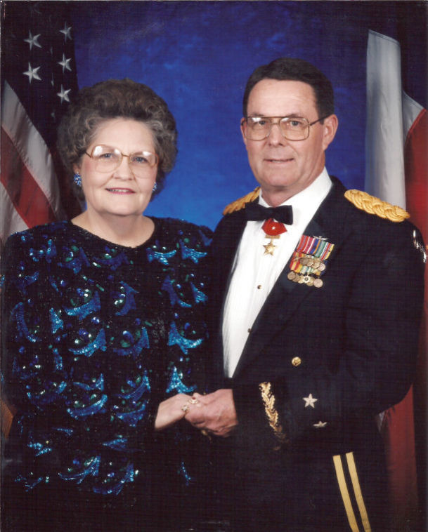 Mrs. Pat Turk, a longtime Gonzales schoolteacher and Gen. Sam Turk in formal dress blue uniform. Turk said he is glad the military now recognizes the vital role that family support plays for soldiers spending a year or more in combat situations. Now the military and Veterans Administration must resolve the problems with the veterans health care system and fulfill the pledge made to service members.