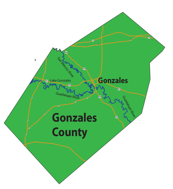The course for the Guadalupe River and San Marcos River in Gonzales County. The San Marcos flows into the Guadalupe south of Gonzales.