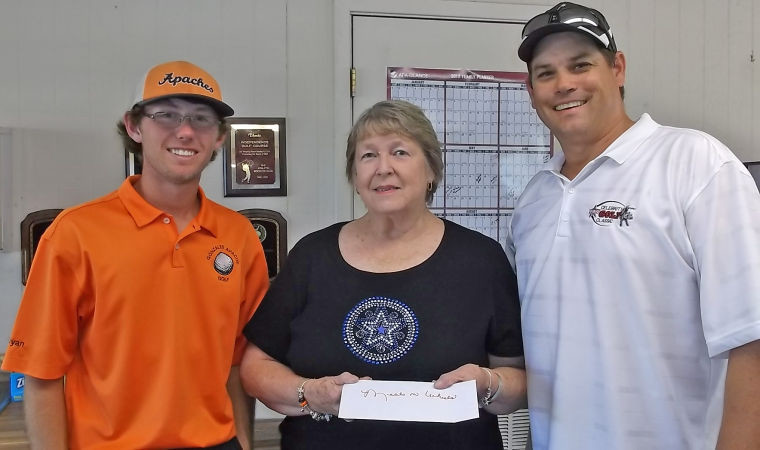 Pictured L-R are Ryan Lee, local golfer, Sandy Huber, representative from Gonzales Meals-on-Wheels and Bo Davis, PBR representative.