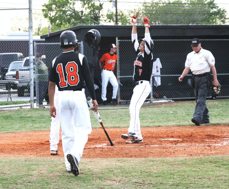 Devin Benes of Gonzales celebrates his two-run homer in the first inning Thursday, the first of 10 runs in a shelling of Smithville.