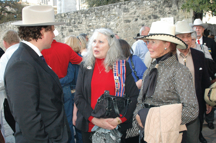 Commemorating the 177th anniversary of the arrival of the Immortal 32 from Gonzales in defense of the Alamo, descendents and present-day Gonzales residents gathered Friday at the iconic mission to honor the heroes of Gonzales. Included in the reunion were (from left) Jason Chall, great-great-great-great-great-nephew of Jessie McCoy, talking with McCoy’s great-great-great-great-great-nieces Pamela Cochran of Georgetown and Maxine Cochran Farmer of Orla.